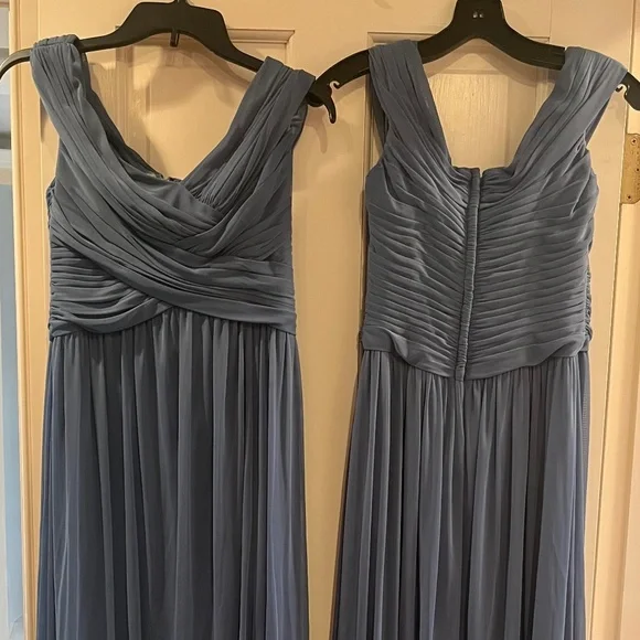 David's Bridal - Crisscross Off-the-Shoulder Mesh Dress - Steel Blue, Size 6 - Picture 3 of 10